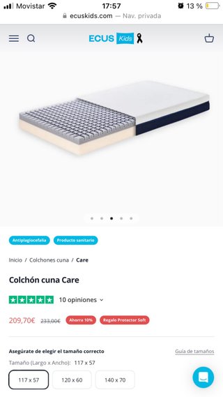 Colchón cuna ECUS CARE KIDS 117x57 nuevo!!