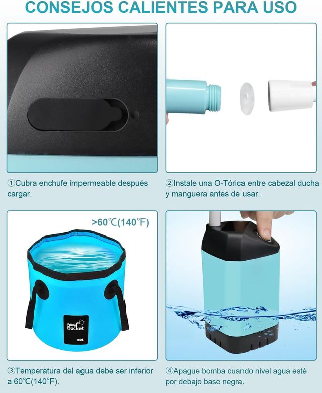Ducha portátil con bomba y batería recargable 4500