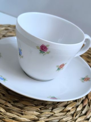 Preciosa taza de té y platillo porcelana