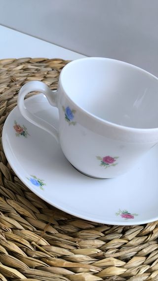 Preciosa taza de té y platillo porcelana