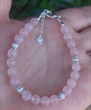 Pulsera, plata ley, cuarzo rosa, perlas