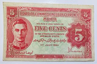 Billete antiguo Malaya 5 cents 1941 Jorge VI