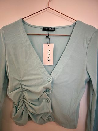 Conjunto top fruncido y leggings azul claro Shein