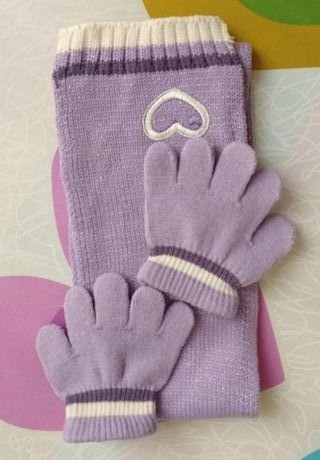conjunto lila de bufanda y guantes de niña, nuevo