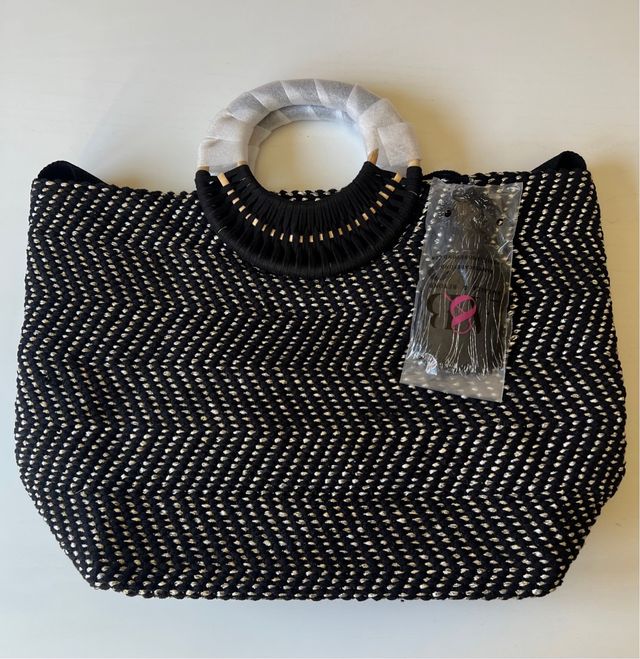 Bolso Tote de Mano con Asa de Mimbre y Deta