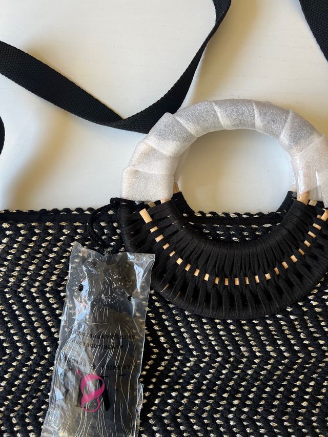 Bolso Tote de Mano con Asa de Mimbre y Deta