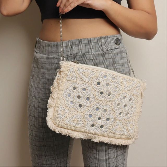Bolso Boho de Yute Natural con Espejos y Bordado
