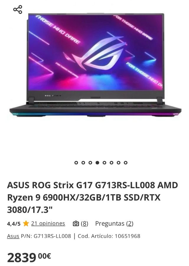 ASUS ROG STRIX G17 G713RS, RTX 3080, Ryzen 9