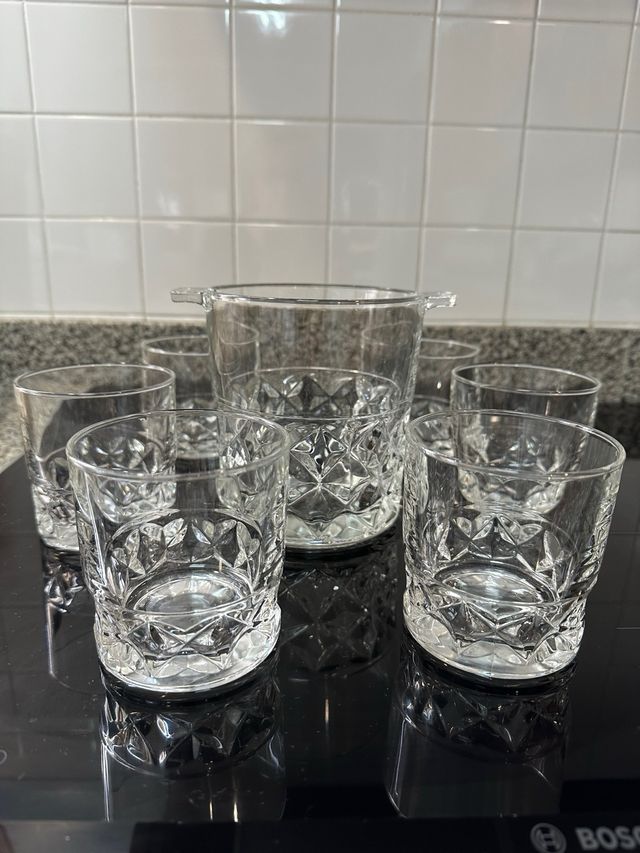 CONJUNTO 6 VASOS DE WHISKY Y CUBITERA