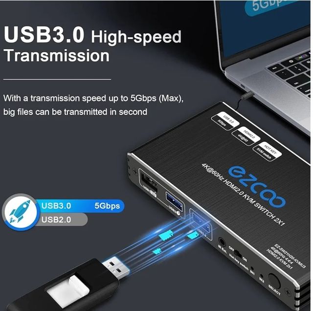 Conmutador 2x1 usb3 hdmi KVM hotkey