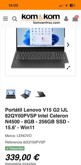 Portátil Lenovo V15 G2 IJL 256GB 15.6 FHD Nuevo