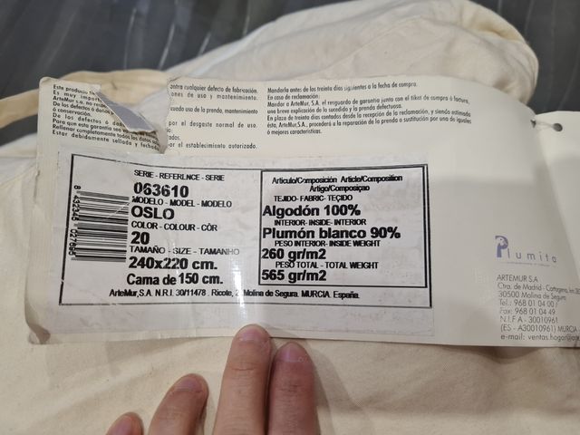 Relleno nórdico plumón 90% cama 150cm