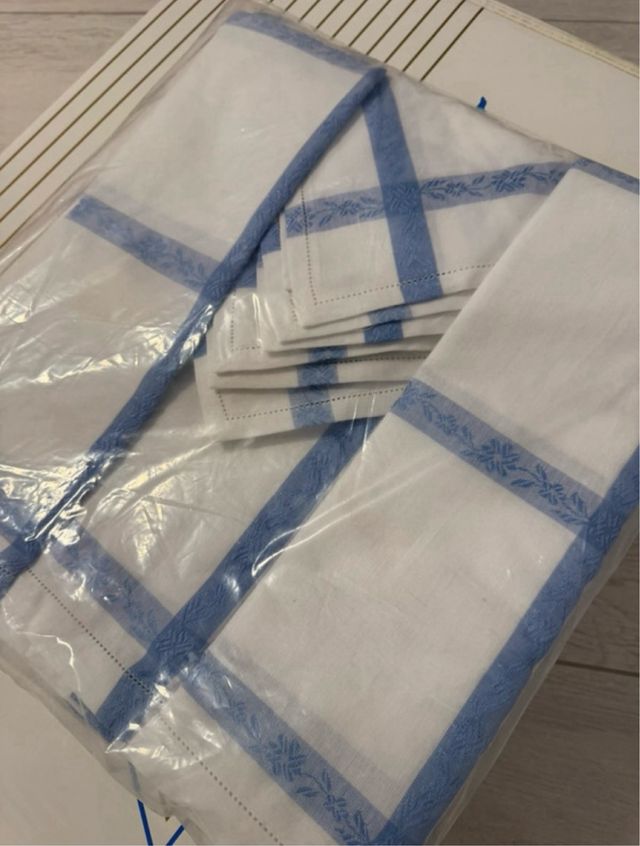 Tovaglia da 6, bianco e blu, 100% cotone