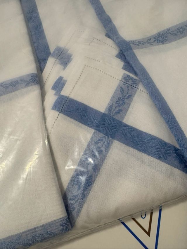 Tovaglia da 6, bianco e blu, 100% cotone