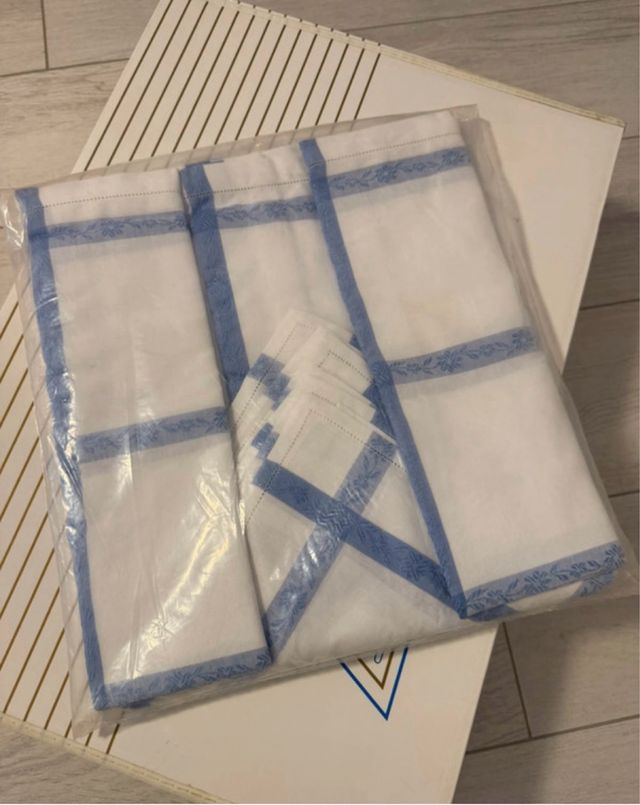 Tovaglia da 6, bianco e blu, 100% cotone