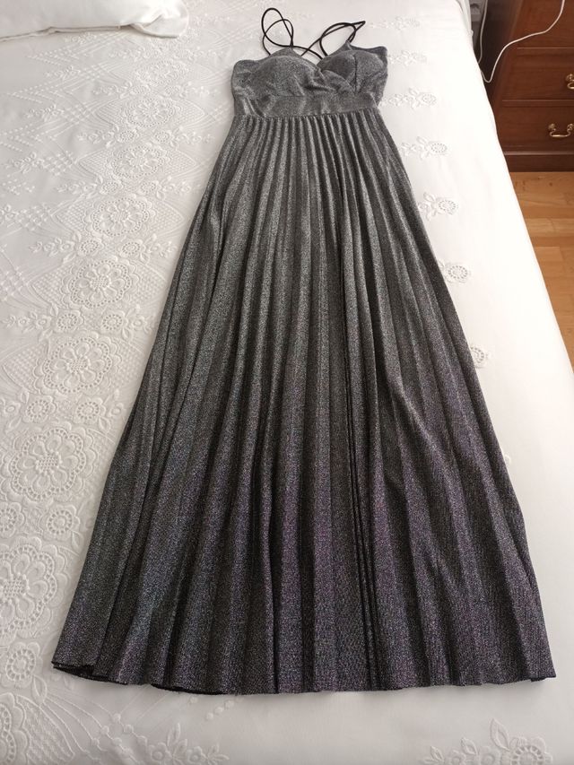 Vestido largo plateado de tirantes T 38