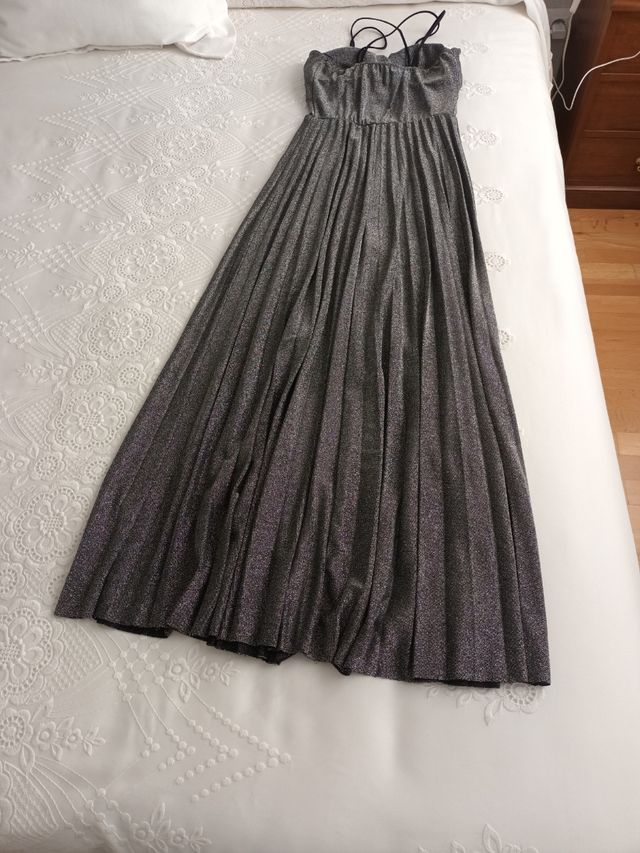 Vestido largo plateado de tirantes T 38