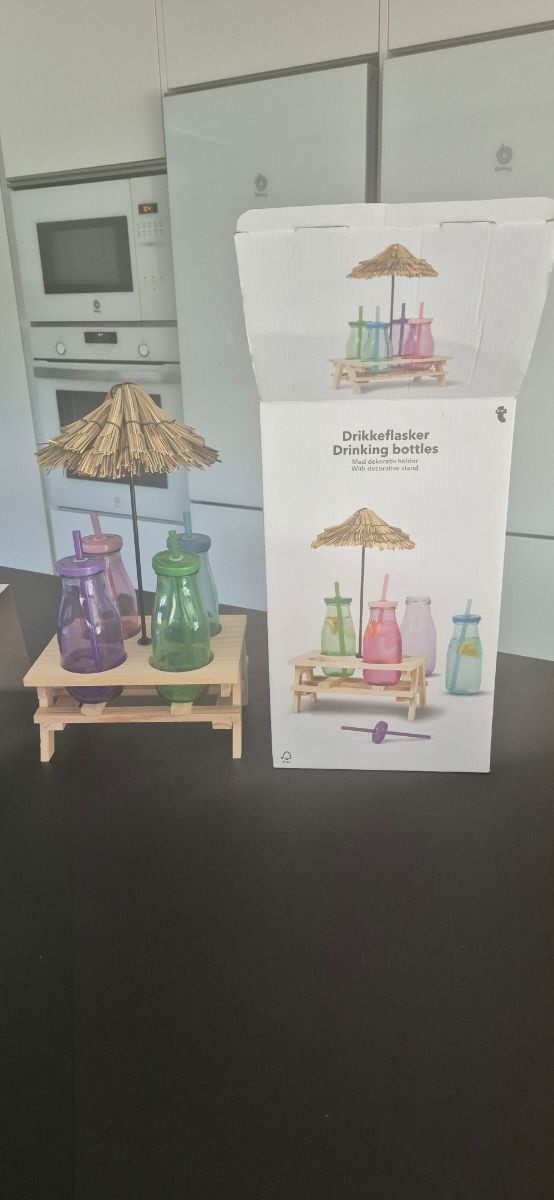 Juego 4 botellas vidrio soporte madera