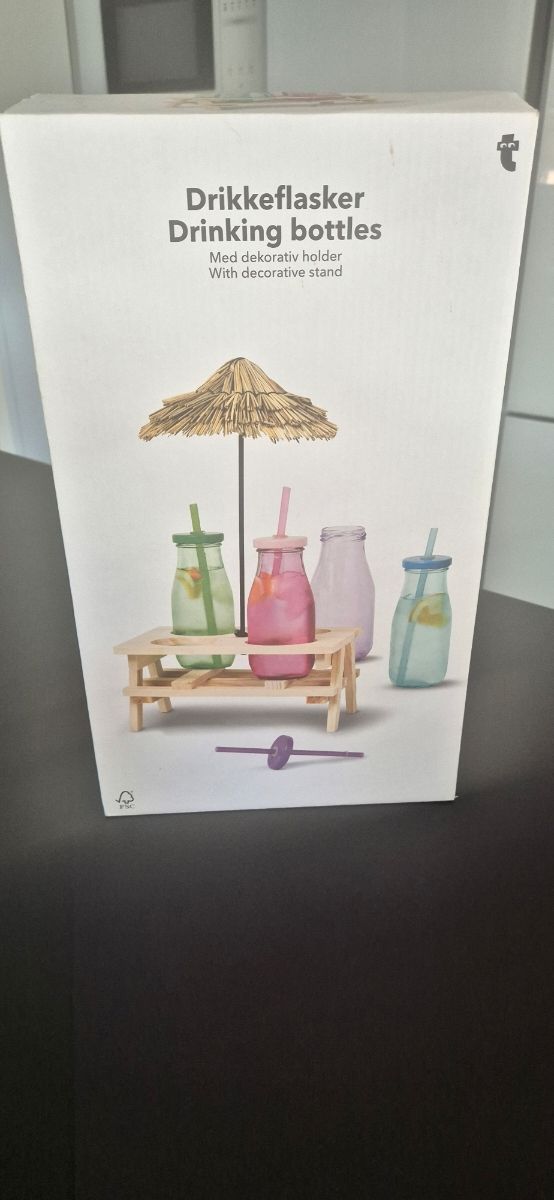 Juego 4 botellas vidrio soporte madera