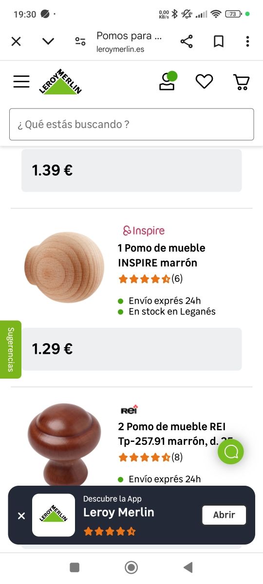 Pomos madera cajones Leroy Merlín