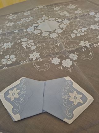 Tovaglia in organza celeste tonda con 8t