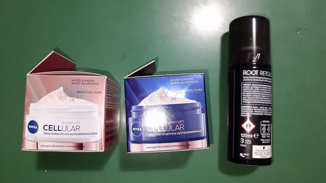 Creme antietà Nivea e spray ritocco nero