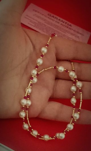 Collar de oro 18k con perlas y rubies