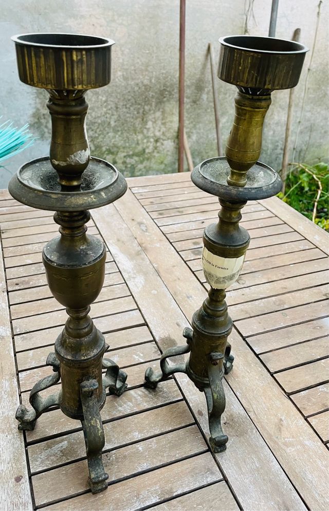 Coppia di porta lumi ottone antiquariato