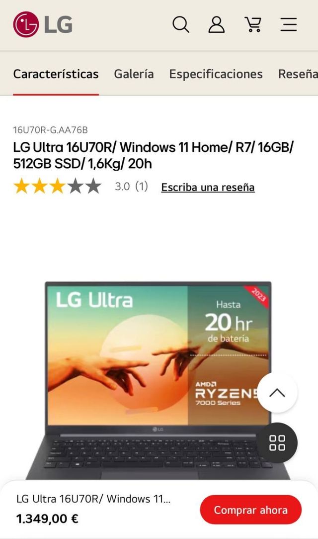 Computador portátil LG Ultra 16U70R 512GB Ryzen 7 16FHD Novo