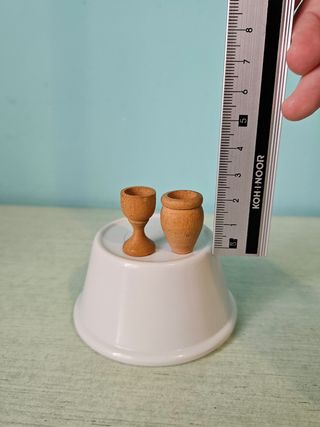 3 miniature in legno - mattarello, vaso e calice