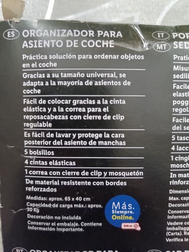 Organizador asiento coche.NUEVO