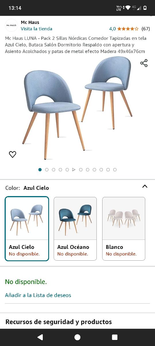 Pack sillas nórdicas comedor azules x4