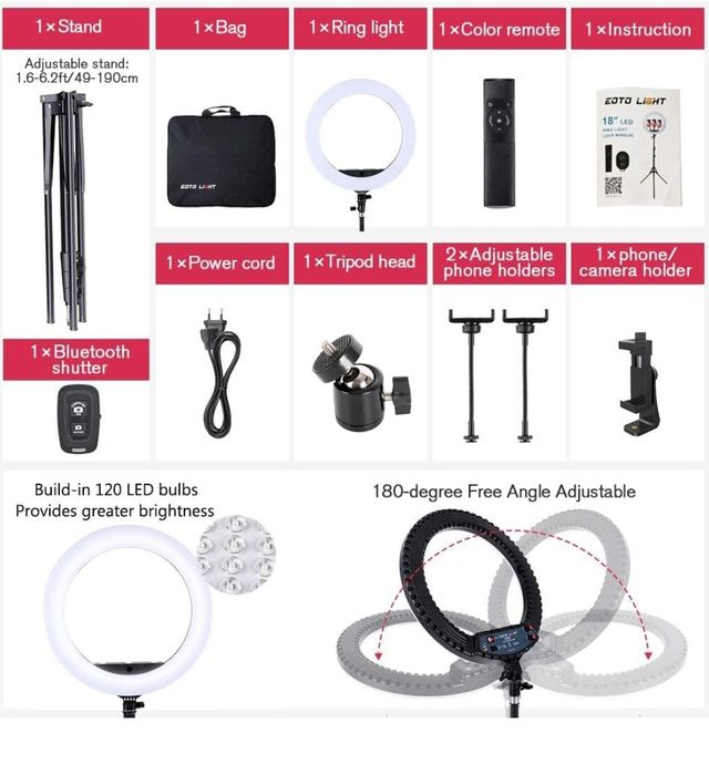 Anillo de luz trípode 18" con mando