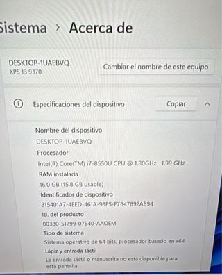 Portatil Dell 9370 i7 8a 16gb ram ssd 256
