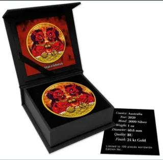 Onza plata Australia 2020 pixiu baño oro 100 ud