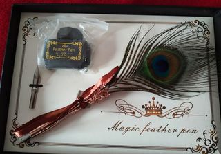 ✅SET PLUMA PAVO REAL CON TINTERO