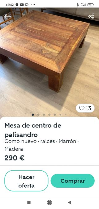 Mesa salon centro madera de palisandro.