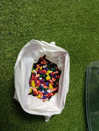 Pecera azul pequeña+piedrs decolores