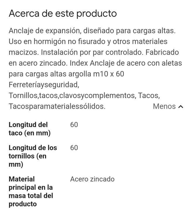 Anclaje argolla INDEX 10L=60m.m