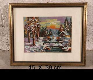 Quadro cornice dorata paesaggio ricamato a 1/2 pun