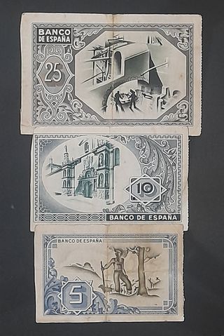 Tres billetes de 5, 10 y 25 Pesetas 1937 (Bilbao)