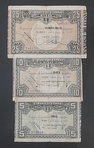 Tres billetes de 5, 10 y 25 Pesetas 1937 (Bilbao)