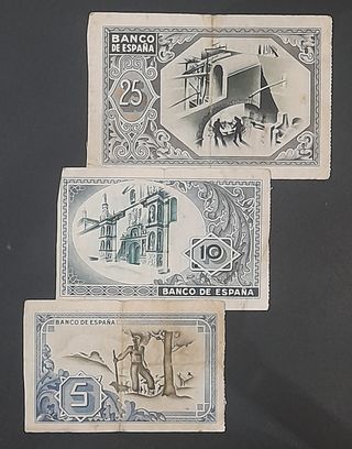 Tres billetes de 5, 10 y 25 Pesetas 1937 (Bilbao)