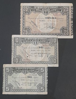 Tres billetes de 5, 10 y 25 Pesetas 1937 (Bilbao)