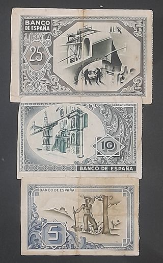 Tres billetes de 5, 10 y 25 Pesetas 1937 (Bilbao)