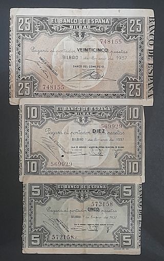 Tres billetes de 5, 10 y 25 Pesetas 1937 (Bilbao)