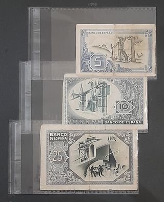 Tres billetes de 5, 10 y 25 Pesetas 1937 (Bilbao)