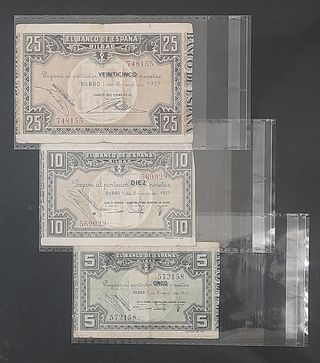 Tres billetes de 5, 10 y 25 Pesetas 1937 (Bilbao)