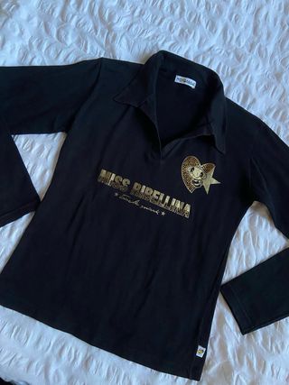 Vintage y2k glam black long sleeves polo top