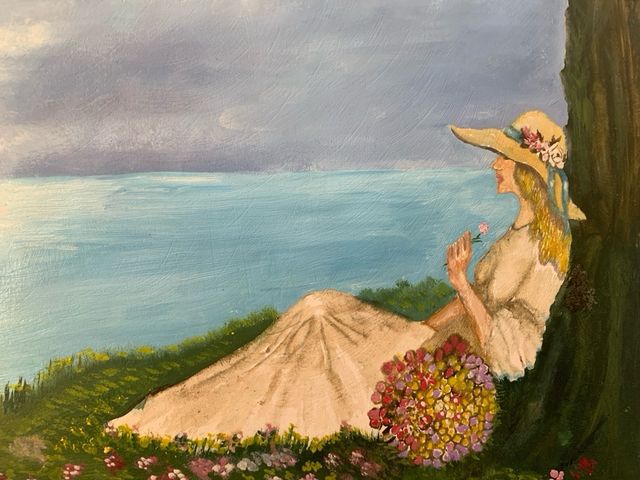 Cuadro vintage mujer junto al mar óleo y relieve”